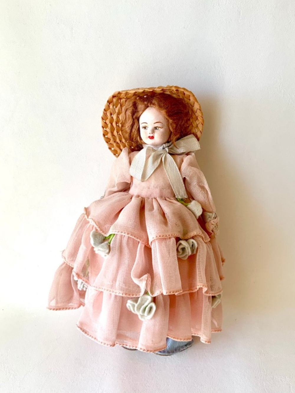 Antique Pink Ruffled Doll with Straw Hat